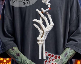 Skeleton Smoking Cigarette Shirt, 3D Illusion Halloween Bone Hand Comfort Colors Tee, Cool Retro Spooky Gift