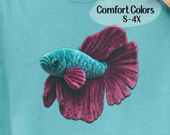 3D Illusion Betta Fish T-Shirt with Burgundy Velvet Texture, Siamese Fighting Fish Tee