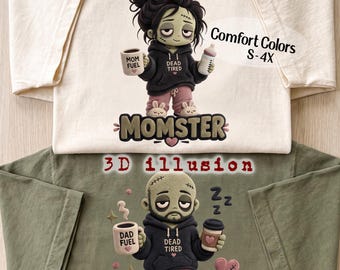 Funny Halloween Shirt, Momster and Popster Couples Matching Tees, Dead Tired Parent Costume 3D Illusion T-Shirt, Tired Mom and Dad Gift