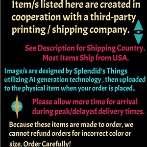 Op de afbeelding: Zwarte achtergrond met tekst in verschillende kleuren. De tekst luidt "Print-On-Demand" en geeft informatie over het productcreatieproces, verzending en bestelbeleid. Bevat een oproep tot "Raadpleeg maattabellen!"
