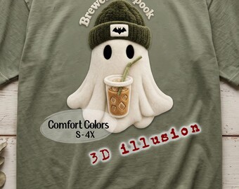 Funny Brewed to Spook Ghost Shirt, Halloween Iced Coffee 3D Illusion Tee, Cute Cozy Fall Spooky Season Comfort Colors T-Shirt