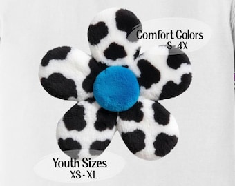 Cow Print Flower Shirt, Plush 3D Illusion Daisy Tee, Comfort Colors