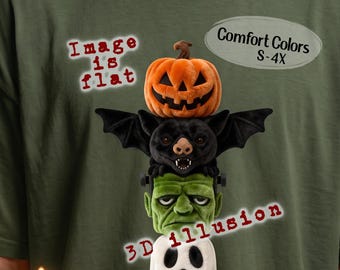 Funny Halloween Monster Totem Shirt, 3D Illusion Spooky Creature Comfort Colors Tee, Cute Frankenstein Bat Pumpkin Ghost Tshirt