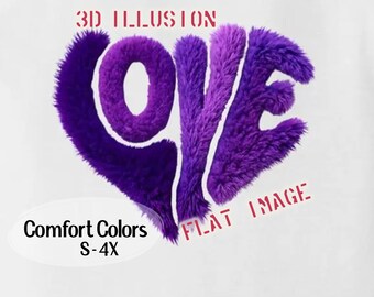 3D Plush LOVE Heart T-Shirt, Purple Fuzzy Illusion Comfort Colors Graphic Tee in 7 colors, Pop Art Style Groovy Valentine's Day Couples Gift