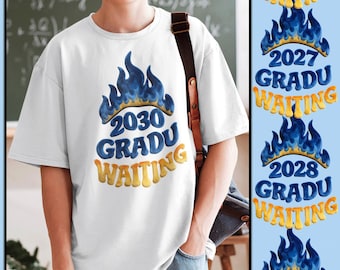 Gradu Waiting Tshirt 3D Illusion Blue & Gold Flames | Class of 2026 2027 2028 2029 2030