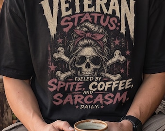 Female Veteran Shirt, Fueled By Spite Coffee Sarcasm T-Shirt, Military Woman Skull Messy Bun Lady Vet Graphic Tee, Patriotic Mom Gift