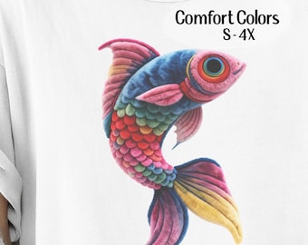 Rainbow Koi Fish in 3D Illusion Plush Velvet T-Shirt | Comfort Colors Marine Life Tee
