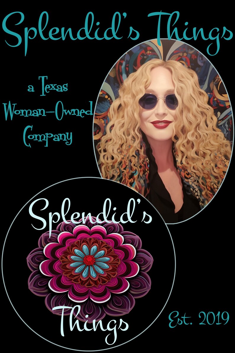 Op de afbeelding: Zwarte achtergrond met de tekst "Splendid's Things" in turquoise script. Een portret van een vrouw met een zonnebril en krullend blond haar staat rechts. Een bloemenontwerp en de tekst "Splendid's Things" staan in een cirkel hieronder. De tekst "Est. 2019" is ook aanwezig.