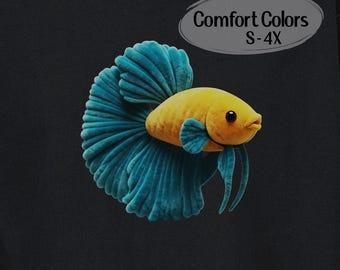 3D Illusion Betta Fish T-Shirt, Teal and Yellow Faux Velvet Texture Siamese Fighting Fish