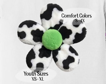 Cow Print Daisy Shirt, 3D Illusion Faux Plush Velvet Oversized Comfort Colors Tee