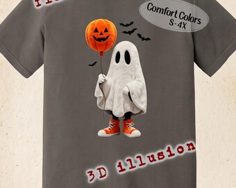 Funny Pumpkin Balloon Ghost Shirt, Halloween 3D Illusion Tee, Cute Spooky Season Outfit, Cozy Fall Creature T-Shirt