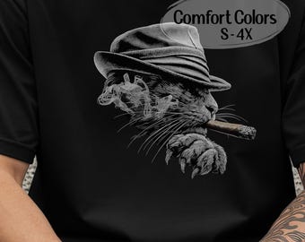 Mad Cat Smoking a Cigar in a Fedora on a Comfort Colors T-Shirt