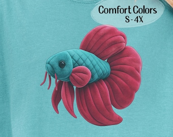 3D Illusion Faux Velvet Betta Tee | Siamese Fighting Fish, Turquoise Body and Deep Red Fins
