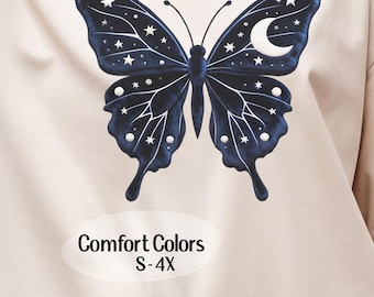 Celestial Moth Shirt, Faux Velvet 3D Illusion Tee, Moon and Stars Comfort Colors T-shirt