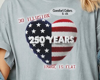 250 Years 3D Illusion Fuzzy Heart Tee Shirt to Celebrate the USA