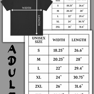 Op de afbeelding: Zwart T-shirt met maattabel voor volwassenen, Comfort Colors 1717. De tabel bevat unisex maten van S tot 4XL, met breedte- en lengtematen in inches (1 inch = 2,54 cm). Het woord "ADULTS" staat verticaal.