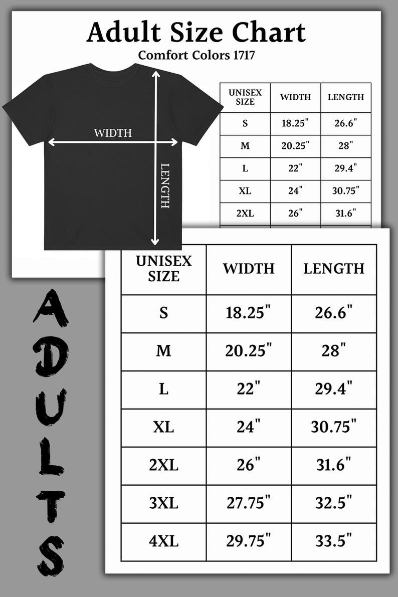 Op de afbeelding: Zwart T-shirt met maattabel voor volwassenen, Comfort Colors 1717. De tabel bevat unisex maten van S tot 4XL, met breedte- en lengtematen in inches (1 inch = 2,54 cm). Het woord "ADULTS" staat verticaal.