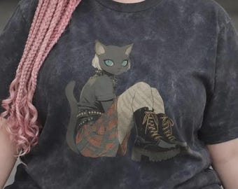 Grunge Black Cat Sitting with Boots Tee | Vintage Wash Lane Seven T-Shirt