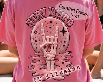 Pink Summerween T-Shirt Stay Weird Skeleton Arm Rock On Hand Signal Comfort Colors Tee Front Back Design