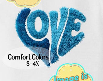 Shaggy LOVE Heart T-Shirt Retro Y2K Fuzzy 3D Illusion Comfort Colors Graphic Tee in 7 colors, Soft Pop Art Style Groovy Valentine's Day Gift