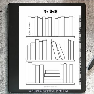 May include: A black and white printable planner page with a bookshelf design. The page is titled "My Shelf" and has sections for "Goal", "Trackers", "Shelves", "Series", "Journal", "Challenges", and "Notes".