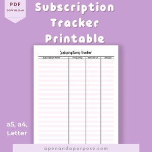 Subscription Tracker Printable in A5, A4, and Letter Size So You Never Forget To Cancel On Time Pink Printable Planner image 2