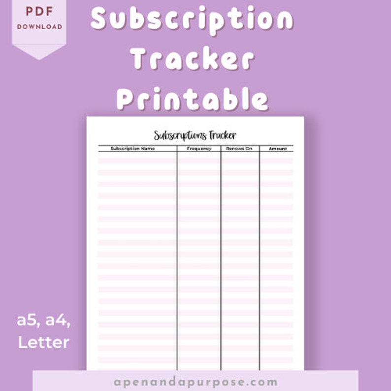 Subscription Tracker Printable in A5, A4, and Letter Size So You Never Forget To Cancel On Time Pink Printable Planner image 2