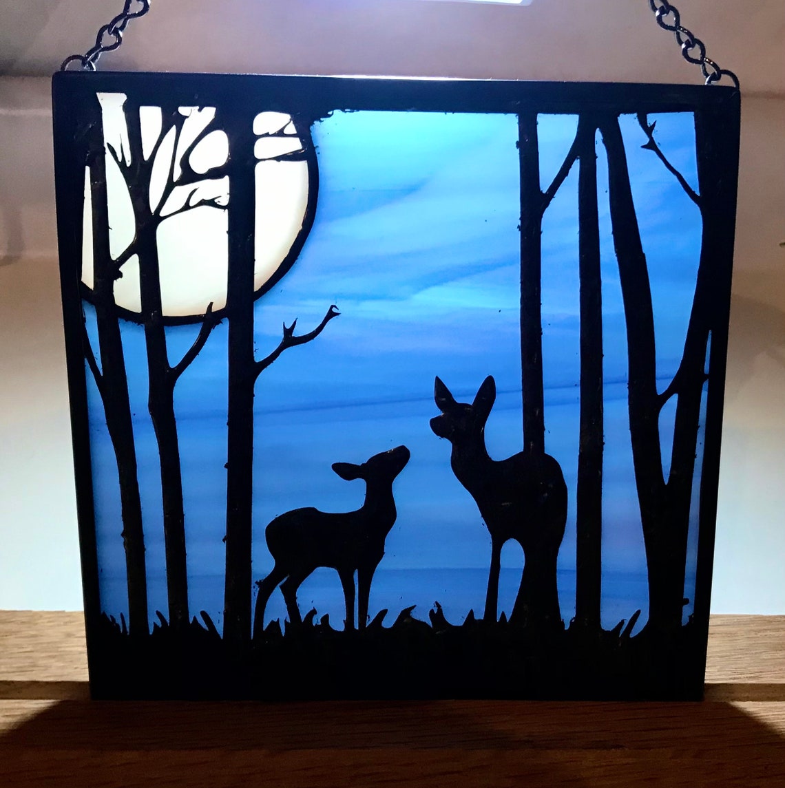 Stained Glass with Deer Doe and Fawn in Moonlit Woods Scene Etsy