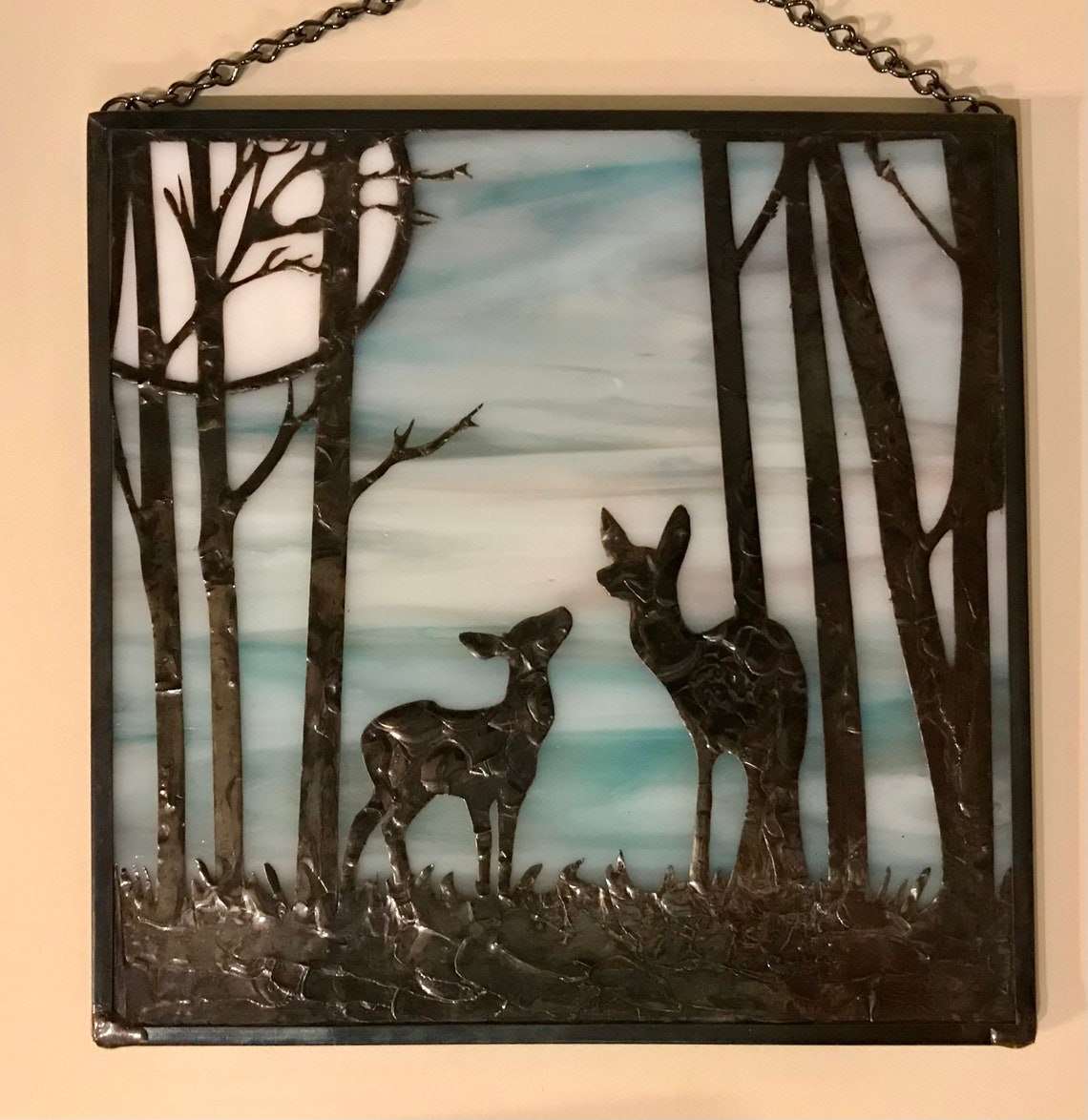 Stained Glass with Deer Doe and Fawn in Moonlit Woods Scene Etsy