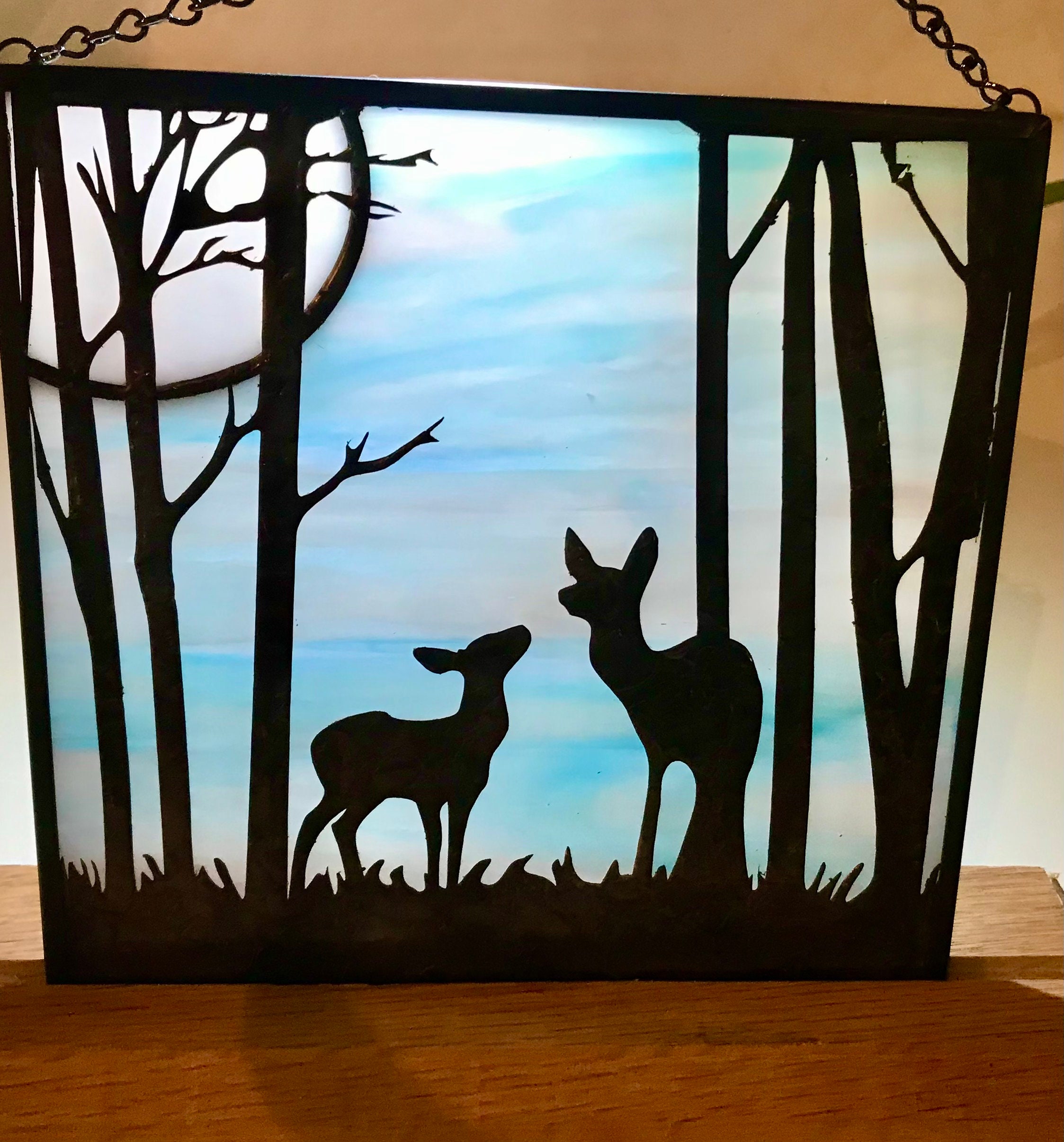 Stained Glass with Deer Doe and Fawn in Moonlit Woods Scene Etsy