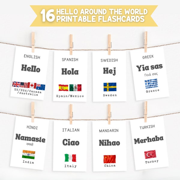 Hello Languages Around The World Flashcards | Educational Flash Cards | Kids Learning Resources | Instant Download | Printable Flashcards