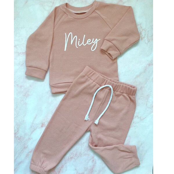 Personalised Lounge Set Baby Toddler Loungewear Long Sleeve Top Trousers Clothes Boy Girl Name Drawstring Matching Cute Kids Ribbed Material