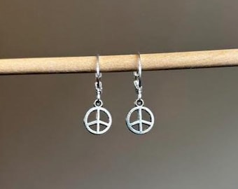 Peace Sign Earrings - Lever Back Silver Peace Sign Earrings, Peace Sign Charm Earrings, Peace Sign Huggie Earrings