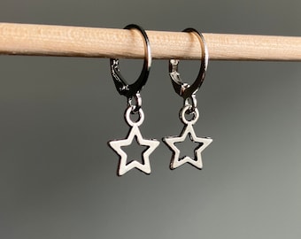 Pendientes de estrella, pendientes de estrella de plata, pendientes de estrella abiertos, pendientes de estrella con cierre de palanca