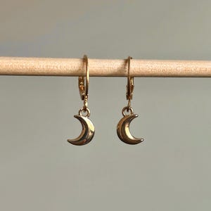 Gold Moon Earrings, Lever Back Moon Earrings, Gold Moon Huggies, Moon Charm Earrings