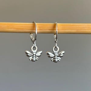 Silver Bee Earrings, Bee Huggies, Silver Bee Charm Earrings, Silver Bee Leverbacks
