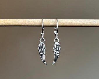 Angel Wing Earrings, Leverback Silver Angel Wing Earrings, Charm Earrings, Angel Wing Huggies
