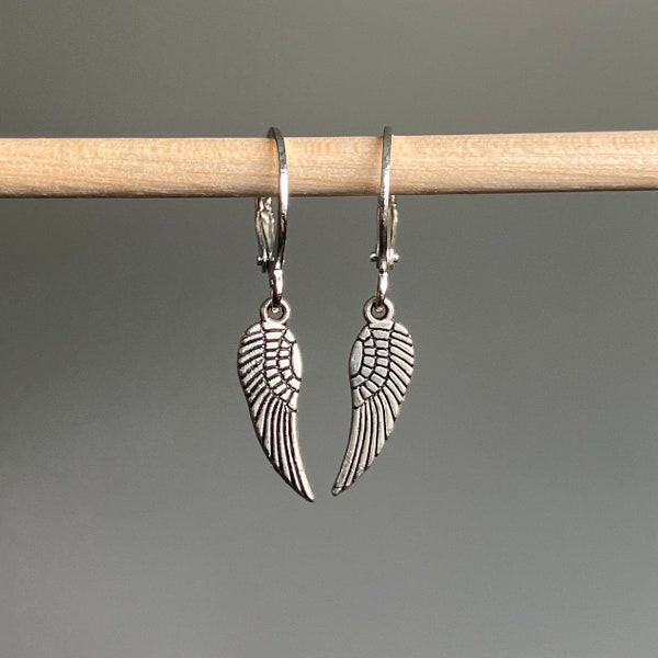 Angel wing earrings, leverback wing earrings, angel earrings, unisex earrings, mens earrings, gifts for him, gifts for her