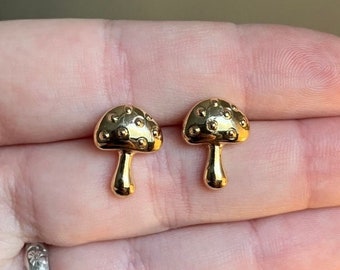Gold Mushroom Stud Earrings, Stainless Steel Mushroom Earrings