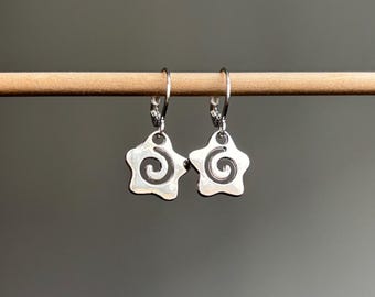 Swirl Flower Earrings - Lever Back Silver Swirl Flower Earrings, Swirl Flower Charm Earrings, Swirl Flower Huggie Earrings