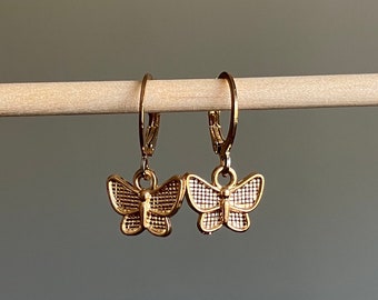 Gold Butterfly Earrings, Lever Back Gold Butterfly Earrings