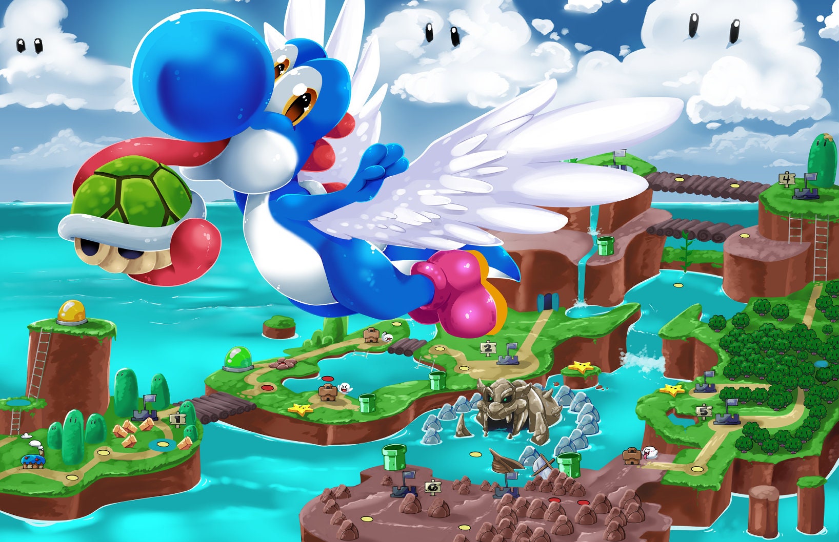 Blue Yoshi Poster Super Mario World SNES Etsy