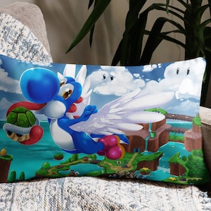 May include: A blue and white winged character with a long nose and red feet flies through the air holding a green and brown turtle shell. The background is a blue sky with white clouds and a green and brown landscape.