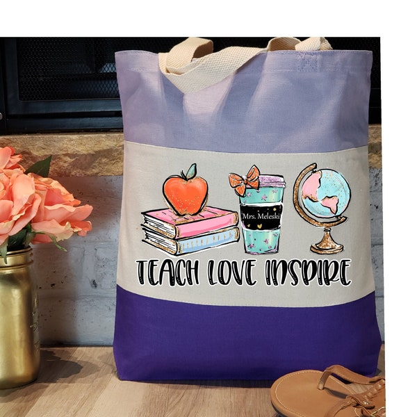 TEACHER TOTE, Custom Teacher Bag, Tote For Teacher, Personalized Teacher Gift Bag, Cotton Canvas Teacher Book Tote, Teacher Globe Tote Bag,