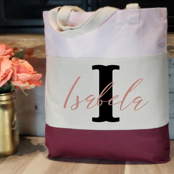 Sac fourre-tout monogramme personnalisé, sac personnalisé pour filles, sac fourre-tout personnalisé, sac fourre-tout personnalisé femmes, fourre-tout en toile de coton, sac de jour personnalisé, sac monogramme