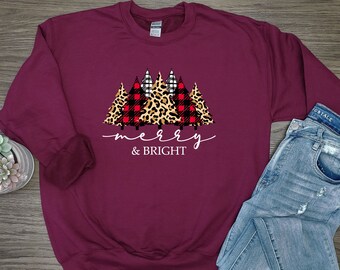 Merry & Bright Sweater, Merry and Bright Woman's Sweater, Merry Bright Sweatshirt, Drinking Sweater, Buffalo Plaid Leopard Print Sweater