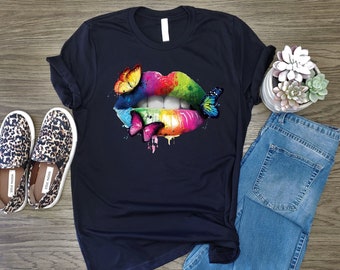 Butterfly Lips Shirt, Lips Butterfly T Shirt, Color Lips Butterfly Shirt, Colorful Lips Butterfly T Shirt, Butterfly Lips Mouth Shirt