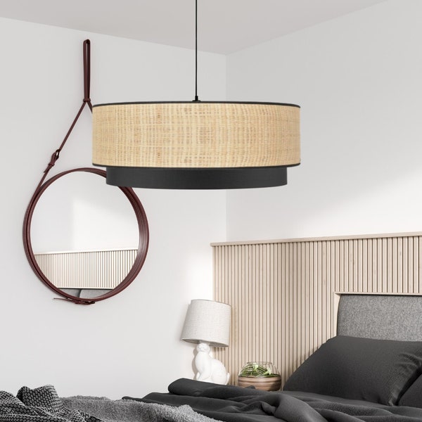 Suspension déco NINO Luminaires moderne en raphia et coton noir style bohème chic