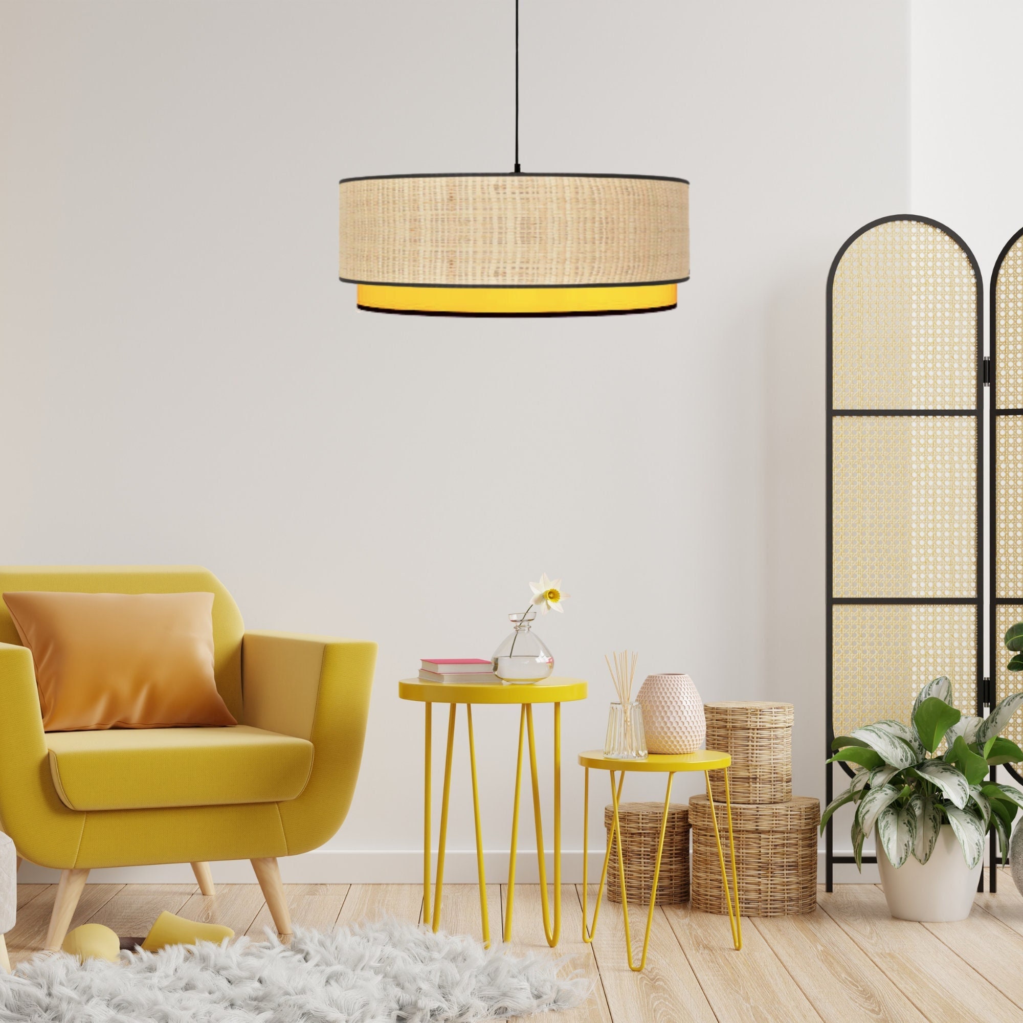 Suspension Honey Luminaire Déco en Raphia Naturel et Coton Jaune