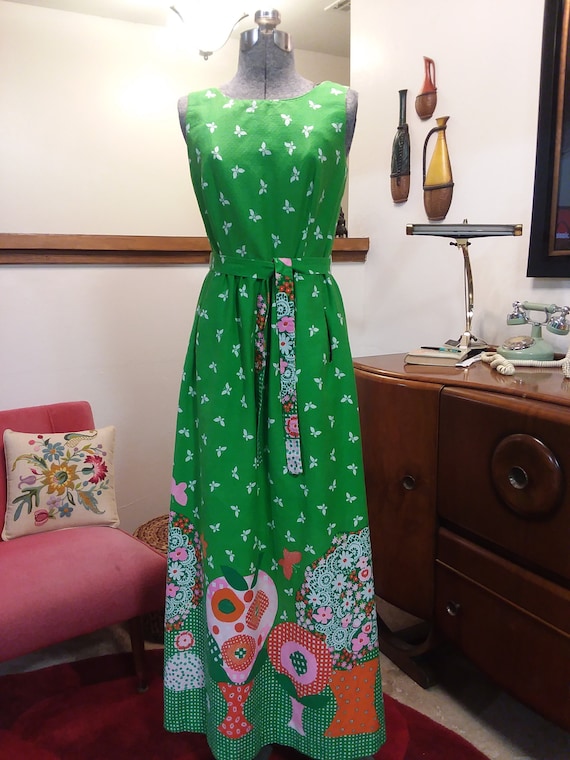 1960s Malia Honolulu Spring Green Maxi Dress